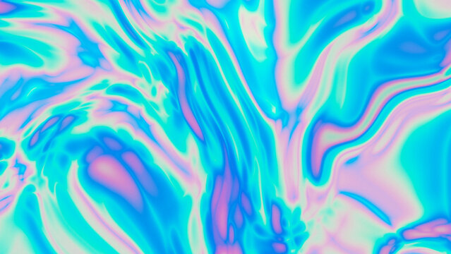 Shimmering holographic liquid wave pattern with teal pink cyan swirl texture for pale abstract background wallpaper design