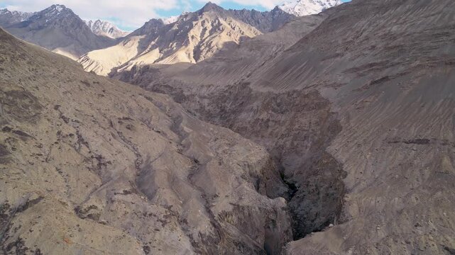 Aerial view of the deep rocky gorge and arid mountain landscape in Diskit, Ladakh, INDIA.