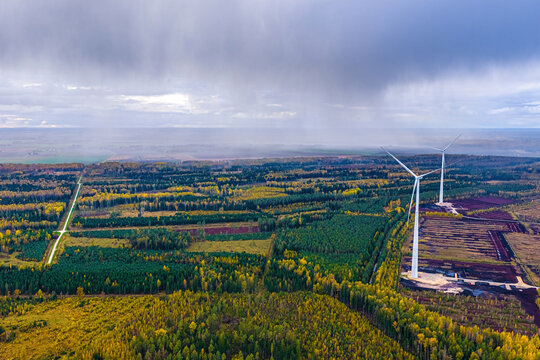 Aerial view of Kaigu purvs featuring wind turbines rising above a vast peat bog surrounded by autumn forests under a dramatic rain-filled sky in Livberze parish, Jelgava Municipality, Latvia.