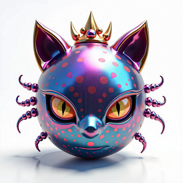 3D Cartoon Iridescent Metallic Cat Head with Crown Isolated.