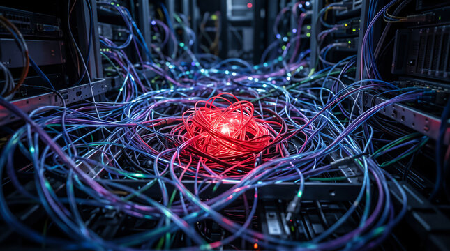 Tangled network cables with glowing red security threat in server room