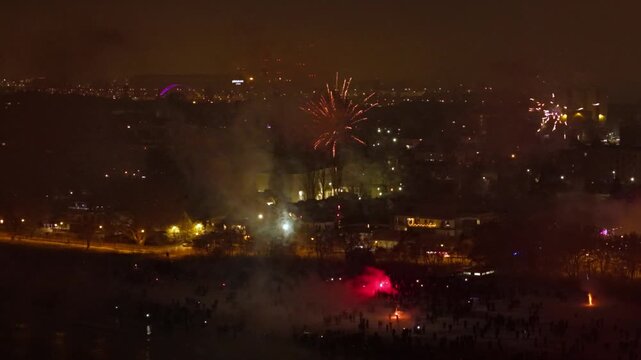 New Years fireworks display on the beach in Gdansk Brzezno, Poland