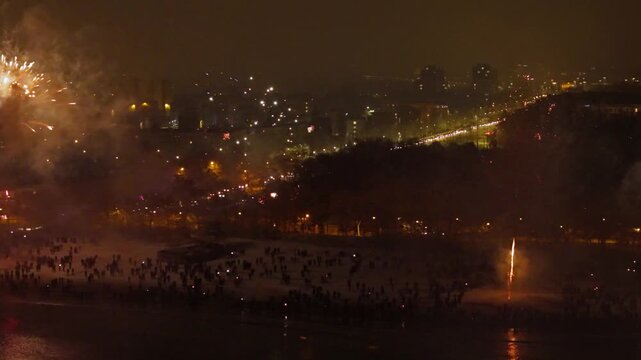 New Years fireworks display on the beach in Gdansk Brzezno, Poland