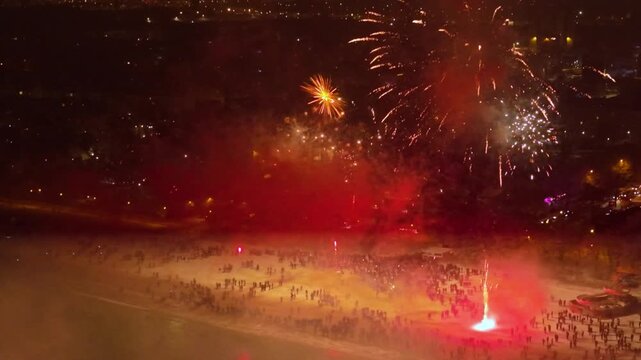 New Years fireworks display on the beach in Gdansk Brzezno, Poland