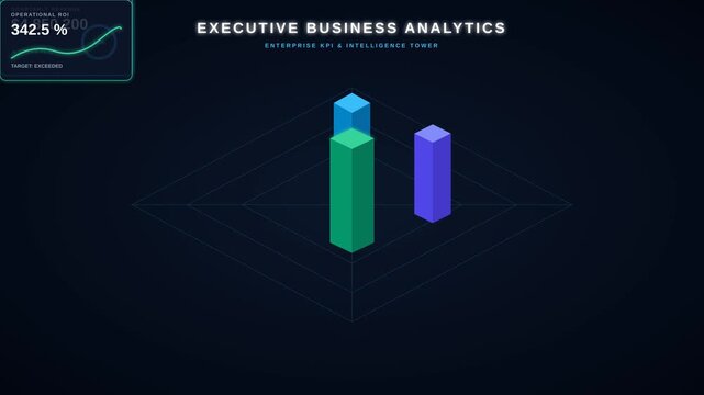 Digital Dashboard Display Showing 3D Business Analytics Bar Charts for Financial Performance Metrics