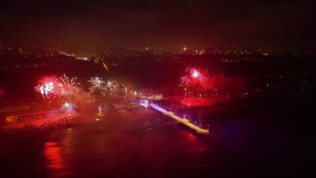 New Years fireworks display on the beach in Gdansk Brzezno, Poland