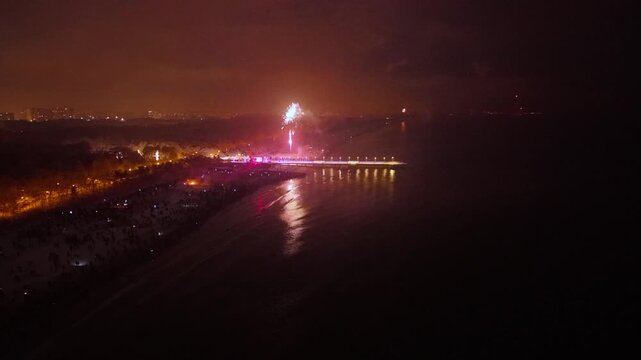 New Years fireworks display on the beach in Gdansk Brzezno, Poland