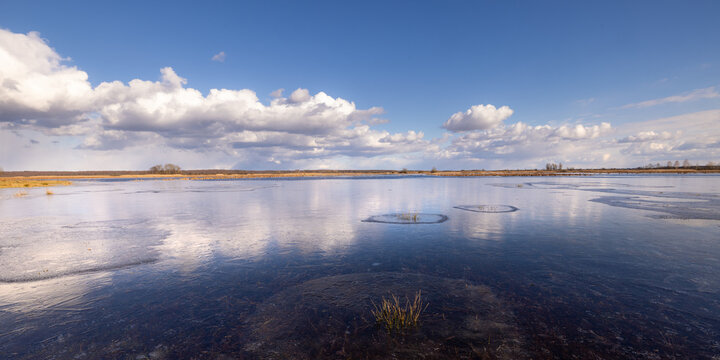 View of the partially frozen Biebrza wetlands with reflective water, scattered clouds, and clear blue sky, Podlaskie Voivodeship, Poland.