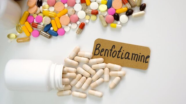 Benfotiamine capsules and vitamin supplements. Selective focus.