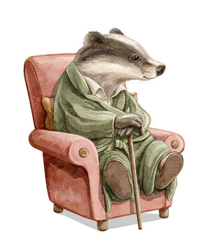 Vintage cartoon cute animal badger in clothes character sitting on chair isolated on white background. Watercolor and pencil hand drawn illustration sketch