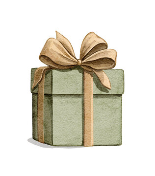 Watercolor vintage green box of Christmas present gift with yellow golden ribbon and bow isolated on white background. Watercolor and pencil hand drawn illustration sketch