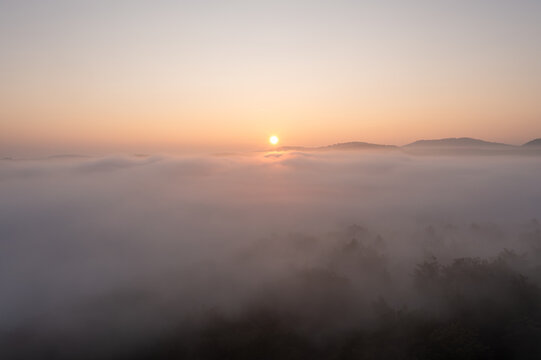 Aerial view of sunrise over a dense layer of fog covering the forest canopy in Weidenthal, Rhineland-Palatinate, Germany.