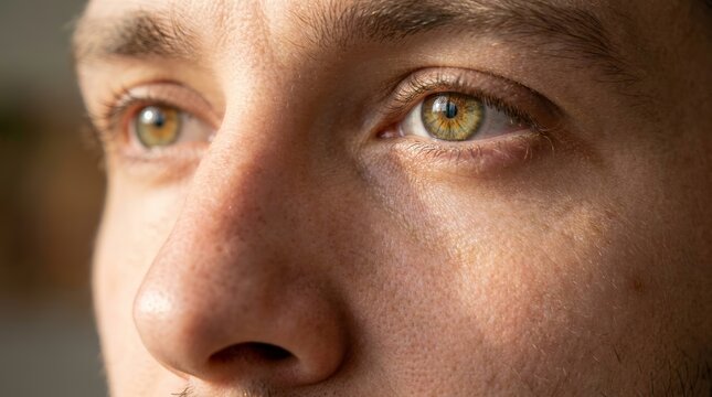 Extreme macro shot of a man's hazel eyes and nose.