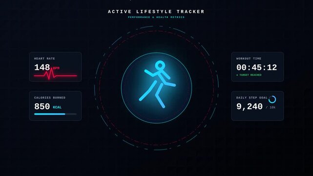 Digital Fitness Tracker Dashboard Display Showing Real Time Health Metrics and Exercise Activity