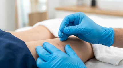 Fototapeta premium Physiotherapist hands performing dry needling treatment on patient skin.
