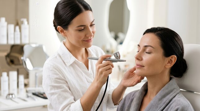 Professional make-up artist applying airbrush makeup using an aerograph tool.
