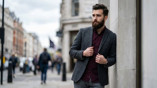 Elegant young bearded man in a British style suit standing on an urban street.