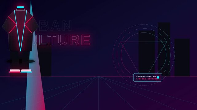 Futuristic Digital Fashion Concept Animation with Neon Cyberpunk Style Elements and Motion Graphics
