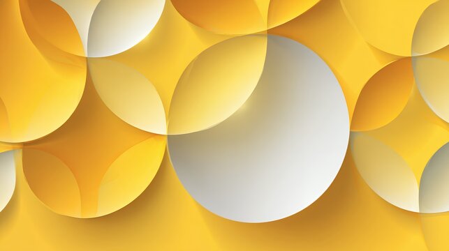 Luminous yellow and white abstract background with overlapping transparent glassy circles, shiny glowing modern geometric composition.