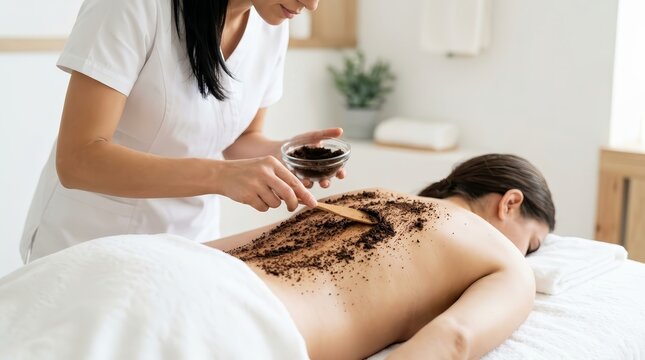 A woman applies a coffee scrub to a client's skin at a wellness spa.
