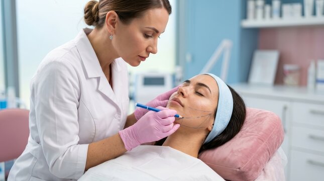 A doctor painting the face of a woman before a PDO suture treatment injection.