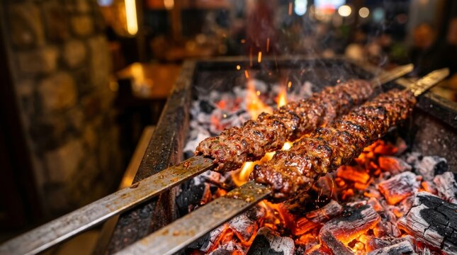 Adana kebab cooking on a grill over hot coals with smoke rising. Traditional turkish and middle eastern minced meat skewer on barbecue for dinner