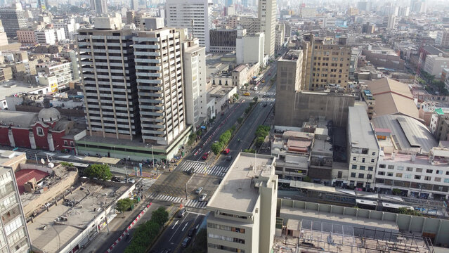 Aerial view of Centro Historico in Lima, featuring dense urban architecture, busy street intersections with traffic, and historic buildings in Lima, Lima, Peru.