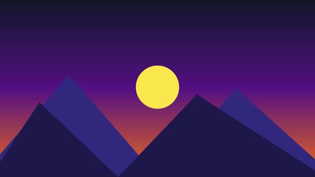 Minimalist mountain landscape with yellow sun and purple gradient sky animation 4k background