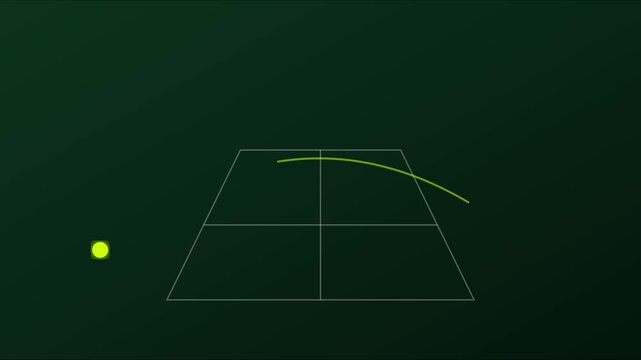 Minimalist motion of a glowing yellow ball moving along a curved trajectory path on a dark green grid animation 4k background