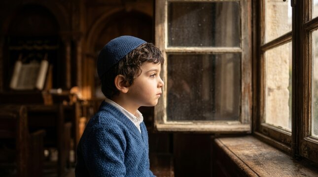 Thoughtful young boy in yarmulke looking out a sunlit window in an old synagogue