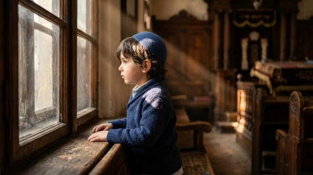 Thoughtful young boy in yarmulke looking out a sunlit window in an old synagogue