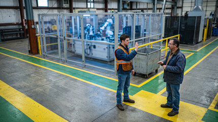 Fototapeta premium Employee practices safe handling near automated work areas