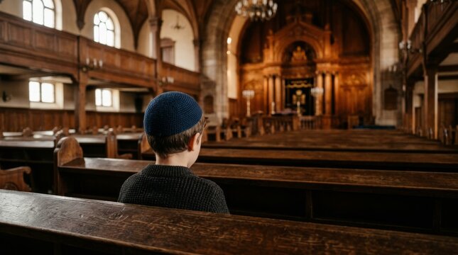 Young jewish boy in yarmulke looking at the ark in a synagogue. Child sitting in a prayer hall.