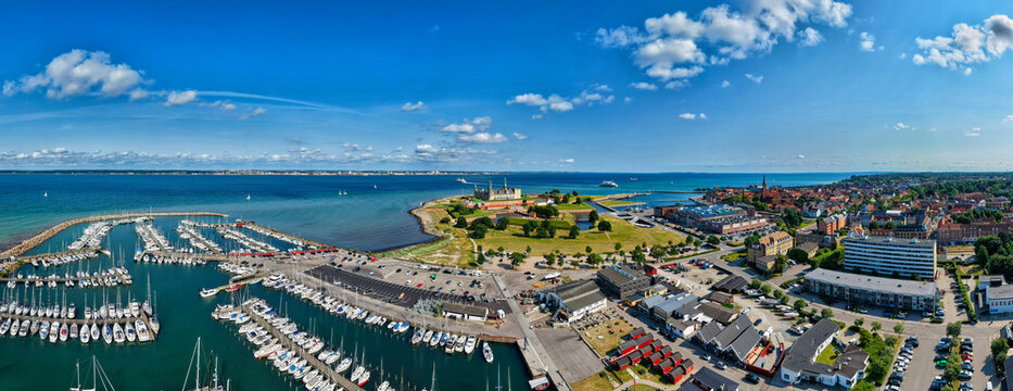 Aerial view of Kronborg Castle and the marina in Helsingor, Denmark.