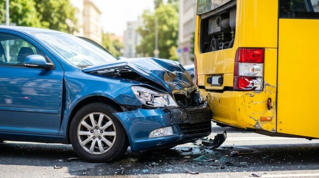 A head-on collision between a blue car and the rear of a yellow bus on the road; severe damage and scattered debris are visible.