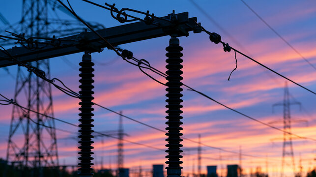 High voltage power lines and insulators at sunset. Energy supply concept for electrical grid ads.