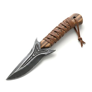 A striking tribal-inspired dagger with a patterned blade, a wooden handle wrapped in leather, and a loop for a lanyard, presented on a clean white background.