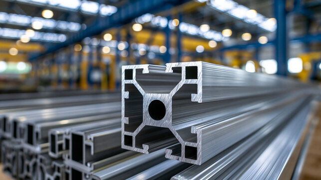 Aluminum extrusion profile bars stacked in an industrial factory. Ideal for manufacturing and engineering concepts.