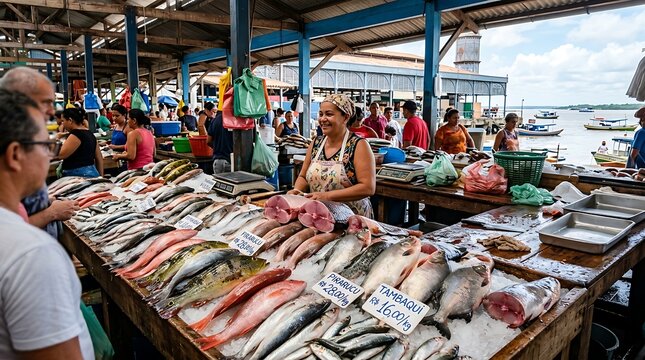 A bustling outdoor fish market comes alive with vibrant colors and fresh catches, as vendors and shoppers engage in lively commerce under a covered pavilion, with boats visible in the distance.