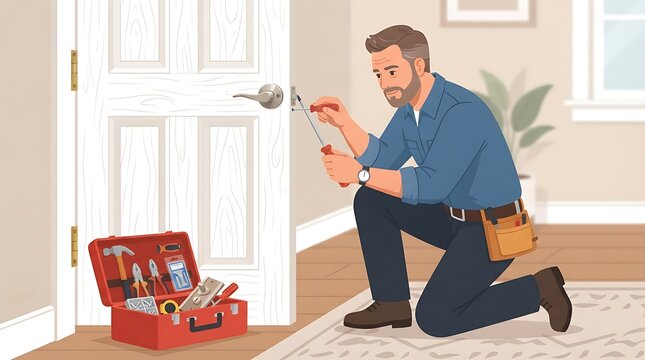 A skilled locksmith kneels on the floor, meticulously working on a door lock with a screwdriver and pliers. A red toolbox filled with various tools sits open beside him.