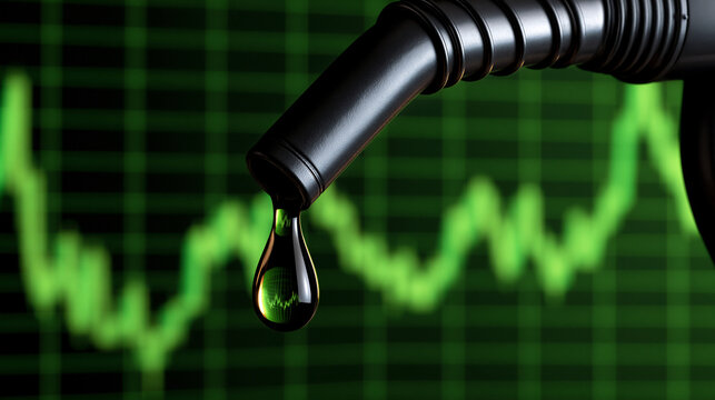 Fuel nozzle dripping oil with stock market chart in background. Concept for energy crisis and fuel prices.