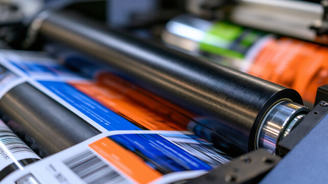 Industrial printing press rolling out vibrant labels with barcodes in a factory. Perfect for manufacturing and.