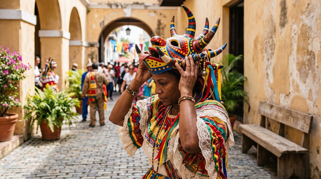 Festival participant fine-tunes a vejigante horned mask before the parade