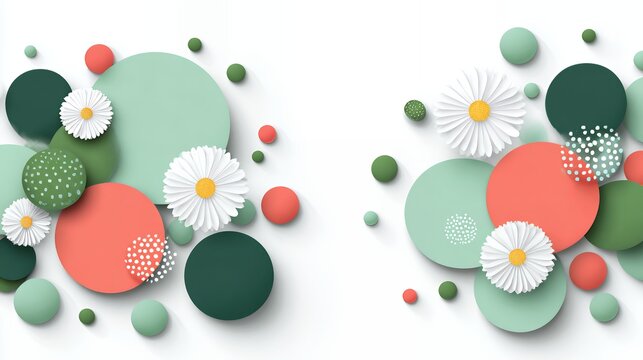 3D paper cut white daisies and colorful pastel dots with center copy space for spring sale banner and festive greeting celebration