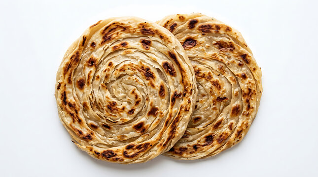 Freshly cooked flaky lachha parathas with visible spiral dough folds placed on a plain white background.