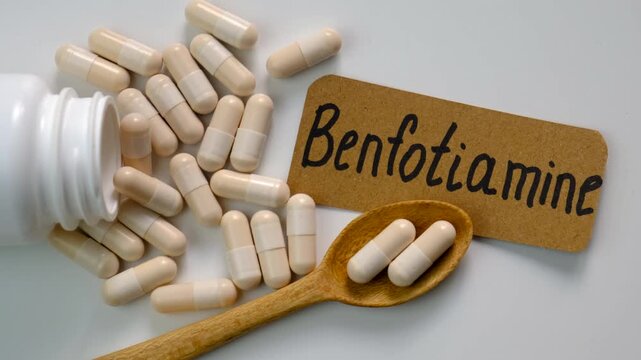Benfotiamine capsules and vitamin supplements. Selective focus.