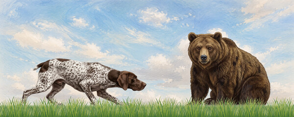 Naklejka premium Pointer Dog Stalking Brown Bear in Grassy Field Illustration