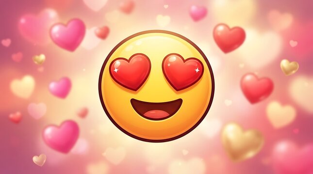An expressive emoji with heart-shaped eyes and a wide smile is surrounded by a bokeh of floating hearts, conveying overwhelming love and affection in a vibrant, romantic illustration.