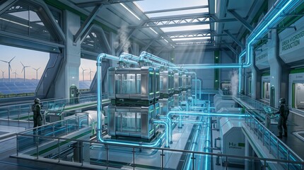 Fototapeta premium Modern Green Hydrogen Production Plant Interior with Advanced Electrolyzer Tanks, Solar Panels, and Wind Turbines - Sustainable Renewable Energy Technology and Future Eco-Friendly Industrial Concept