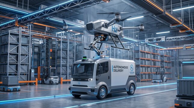 Autonomous Delivery Van with Hydrogen Fuel Cell Drone in a Futuristic Smart Warehouse, AI-Driven Automated Logistics and Sustainable Green Energy Transport Technology Concept